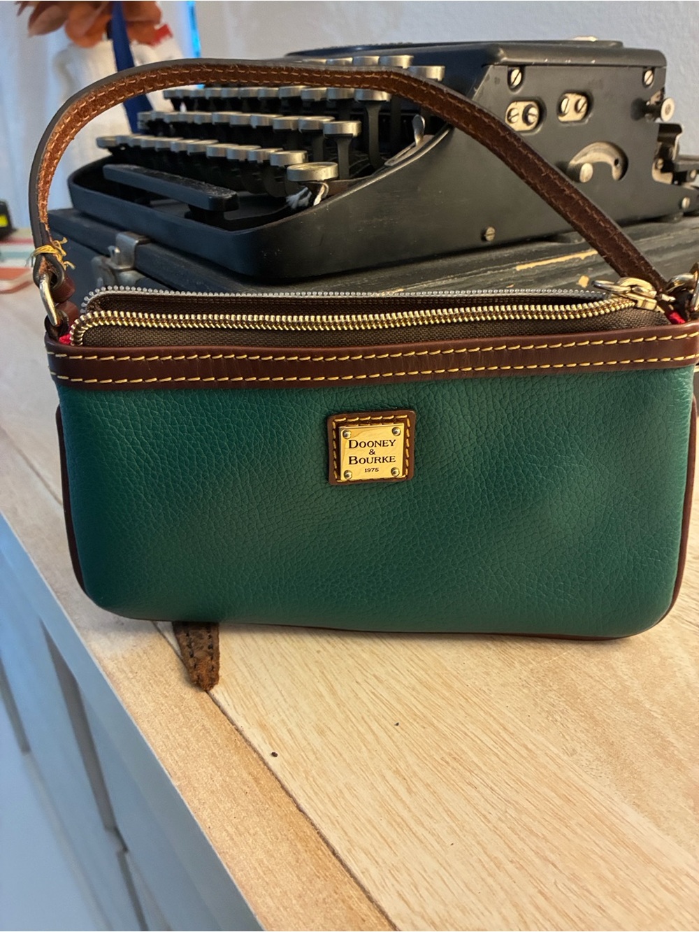 Dooney & Bourke Teal Green Leather Wristlet with Brown Trim